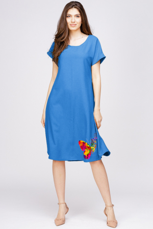 Rochii din In - Rochie `A line` din in mercerizat albastra, cu imprimeu fluture stilizat