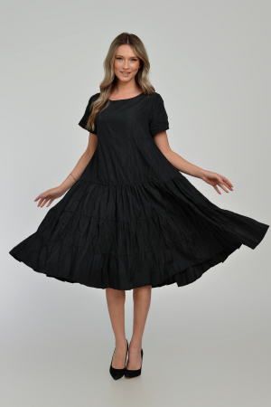 Rochii de Vară - Rochie midi ampla, cu volane, A-line, cu talia joasa, din tafta de vascoza, neagra