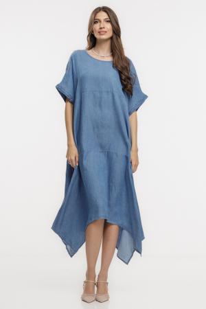 Rochii Casual - Rochie A-line in colturi, din tencel cu aspect jeans denim, masura mare