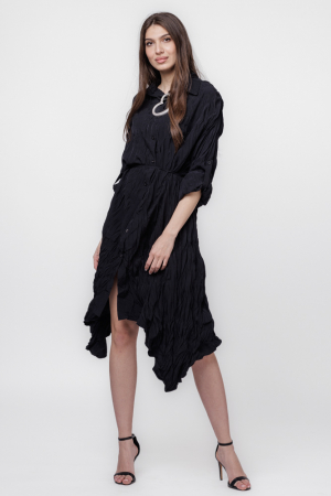 Rochii din Bumbac - Rochie camasa creponata, in colturi, neagra