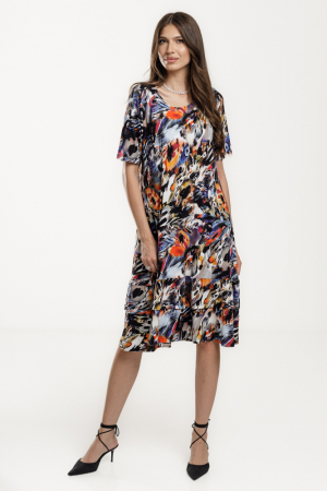 Rochii Casual - Rochie `A line` midi, cu doua volane poale, din vascoza, cu imprimeu pictural