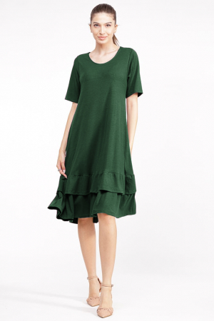 Rochii Casual - Rochie `A line` midi, cu doua volane poale, din bumbac verde