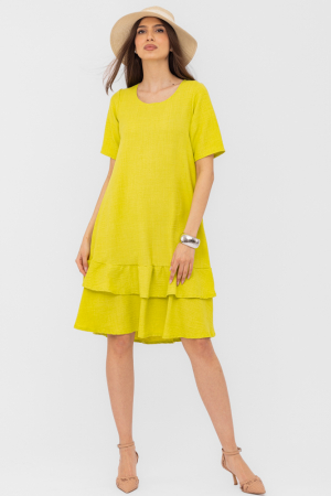 Rochii din In - Rochie verde lime `A line` midi, cu doua volane poale, din in mercerizat