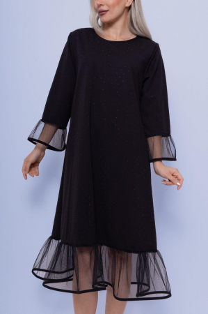 Rochii Tricotate & Sezon Rece - Rochie A-line neagra cu strasuri fine, midi, cu volane din tull la maneci si poale