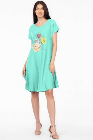 Rochii masuri mari - Rochie `A line` verde menta din in mercerizat, cu imprimeu grafic chip