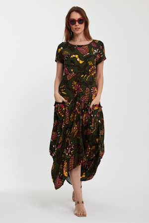 Rochii din Vâscoză - Rochie kaki, lalea, in colturi, cu imprimeu, din vascoza