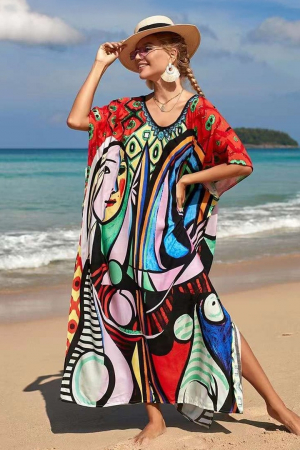 Rochii de Plajă tip Poncho - Rochie boema de plaja lunga oversize, tip poncho din bumbac si vascoza, cu imprimeu artistic-Picasso