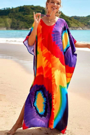 Rochii de Plajă tip Poncho - Rochie boema de plaja lunga oversize, tip poncho din bumbac si vascoza, cu imprimeu pictural