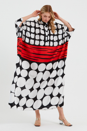 Rochie camasa oversize cu imprimeu alb-negru-rosu, din vascoza