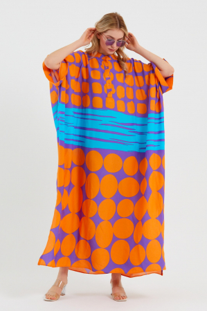 Rochie camasa oversize cu imprimeu mov-orange, din vascoza