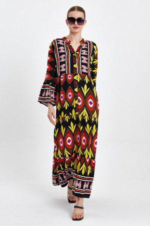 Rochii din Vâscoză - Rochie cu imprimeu decorativ pe fond negru, din vascoza