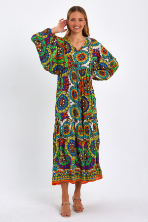 Rochii din Vâscoză - Rochie cu imprimeu mandale si maneci bufante, din vascoza, cu portocaliu