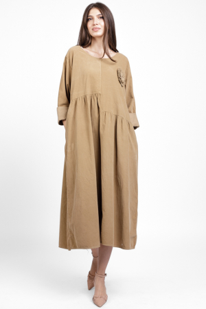 Rochii Casual - Rochie din catifea reiata, cu taieturi asimetrice si floare aplicata, camel