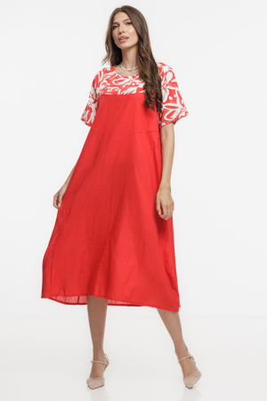 Rochii din In - Rochie din in mercerizat, cu croi lejer si design minimalist rosie cu platca mica imprimata