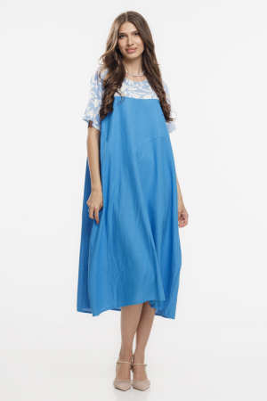 Rochii din In - Rochie din in mercerizat, cu croi lejer si design minimalist albastra cu platca mica imprimata