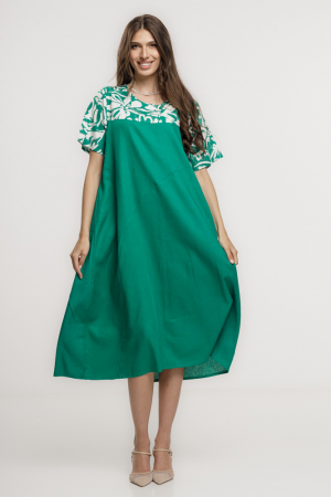 Rochii din In - Rochie din in mercerizat, cu croi lejer si design minimalist verde cu platca mica imprimata