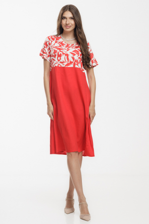Rochii din In - Rochie Eva A line, din in mercerizat, rosie cu platca imprimata