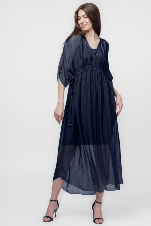 Rochii Elegante & Office - Rochie "Goddess" din matase si vascoza cu snur impletit pe decolteu si talie, bleumarin