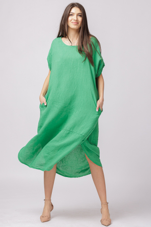 Rochii din In - Rochie lalea oversize din in cu buzunare si crapaturi laterale rotunjite, verde