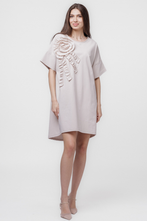 Rochii din Jerseu - Rochie scurta, dreapta,cu aplicatie boboc, din jerseu de bumbac, bej