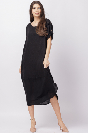 Rochii din In - Rochie lalea oversize din in cu buzunare si crapaturi laterale rotunjite, negru