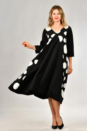 Rochii Casual - Rochie lunga A-line alb-negru cu insertii laterale buline, din jerseu de bumbac