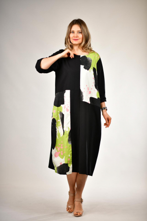 Rochii Casual - Rochie lunga A-line neagra cu insertii print verde, din jerseu de bumbac