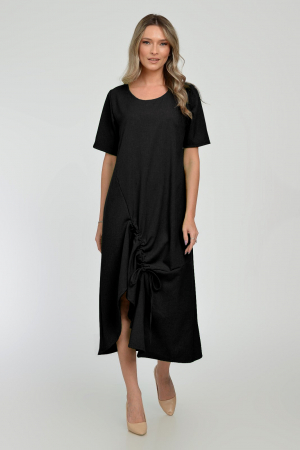 Rochii Casual - Rochie lunga A-line din in mercerizat cu siret la poale, neagra