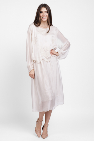 Rochii Elegante & Office - Rochie lunga ivoire, cu broderie florala si bordura, din matase si vascoza