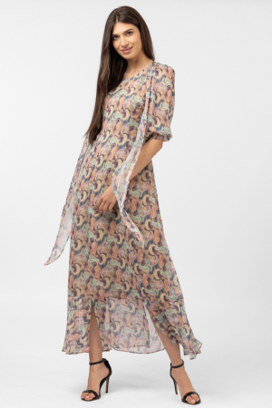 Rochii Elegante & Office - Rochie lunga cu imprimeu dulce turcoaz-roz