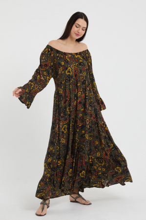 Rochii Casual - Rochie lunga Madonna cu imprimeu predominant kaki, cu 4 volane, din vascoza