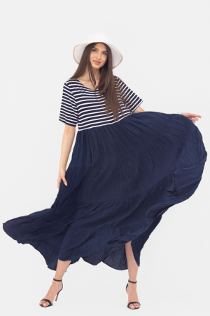 Rochii masuri mari - Rochie lunga din doua materiale ,cu dungi albe si volane bleumarin