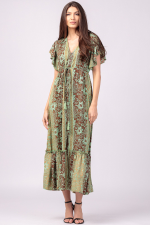 Rochii din Mătase si Vâscoză - Rochie lunga cu volan si imprimeu floral, din matase indiana verde menta - maro