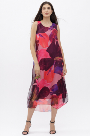 Rochii Elegante & Office - Rochie lunga A-line, cu imprimeu fucsia, corai si bordo