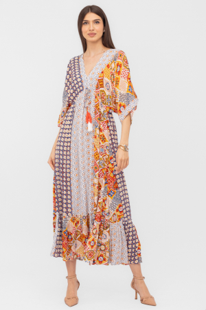 Rochii din Vâscoză - Rochie lunga din vascoza cu decolteu in V, imprimeu decorativ si volane