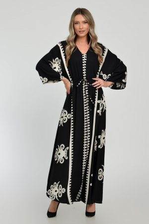 Rochii Casual - Rochie lunga, neagra, cu elastic in talie si imprimeu decoativ alb, din vascoza