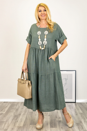 Rochii de Vară - Rochie lunga oversize din in, cu volane, kaki