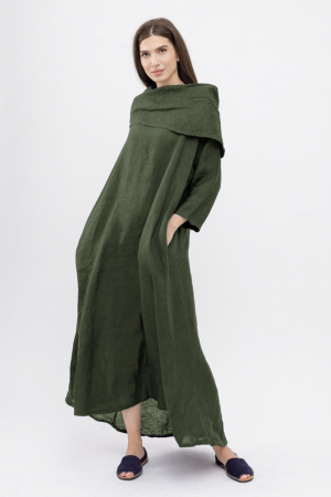 Rochii din In - Rochie maxi,  A-line, din in, cu guler amplu, kaki