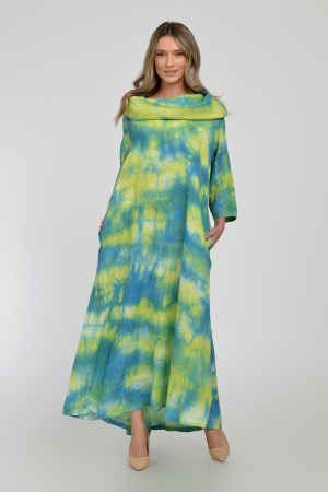 Rochii din In - Rochie maxi,  A-line, din in, cu guler amplu, cu imprimeu boem tie-dye galben-turcoaz
