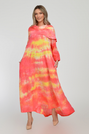 Rochii din In - Rochie maxi,  A-line, din in, cu guler amplu, cu imprimeu boem tie-dye corai