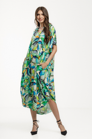 Rochii Casual - Rochie lunga lalea, vaporoasa, din vascoza cu imprimeu tropical multicolor predominant verde