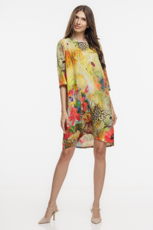 Rochii Casual - Rochie midi, dreapta, din vascoza fina, cu imprimeu pictural predominant galben