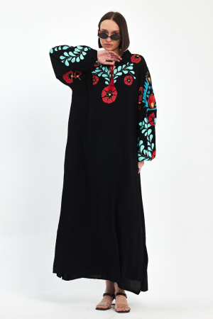 Rochii Casual - Rochie neagra A-line cu imprimeu cauciucat flori rosii , din vascoza