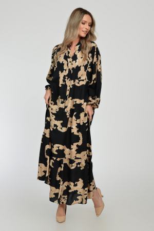 Rochie lunga, neagra, A-line cu imprimeu abstract bej, din vascoza [6]