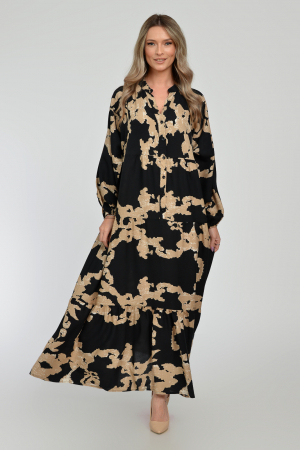Rochii Casual - Rochie lunga, neagra, A-line cu imprimeu abstract bej, din vascoza