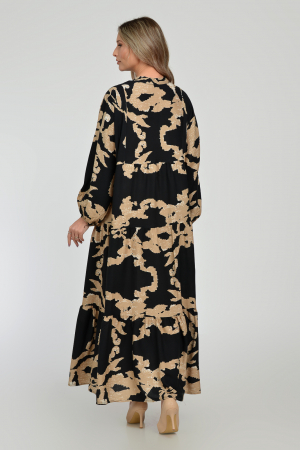 Rochie lunga, neagra, A-line cu imprimeu abstract bej, din vascoza [10]