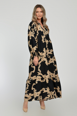Rochie lunga, neagra, A-line cu imprimeu abstract bej, din vascoza [7]
