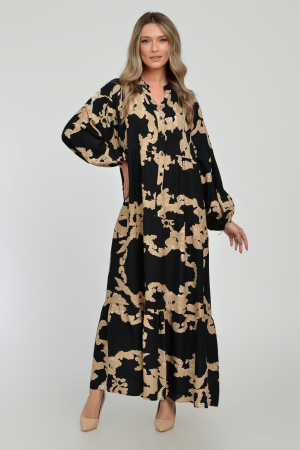 Rochie lunga, neagra, A-line cu imprimeu abstract bej, din vascoza [9]