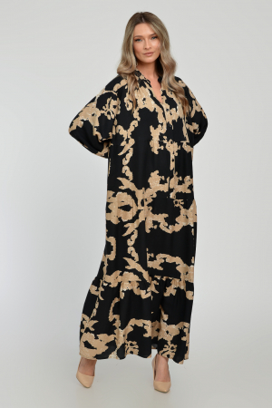 Rochie lunga, neagra, A-line cu imprimeu abstract bej, din vascoza [4]