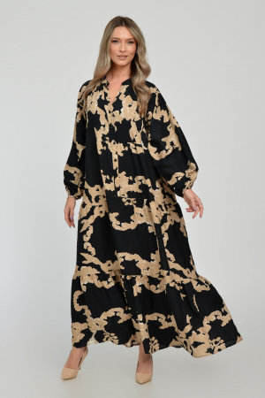Rochie lunga, neagra, A-line cu imprimeu abstract bej, din vascoza [1]